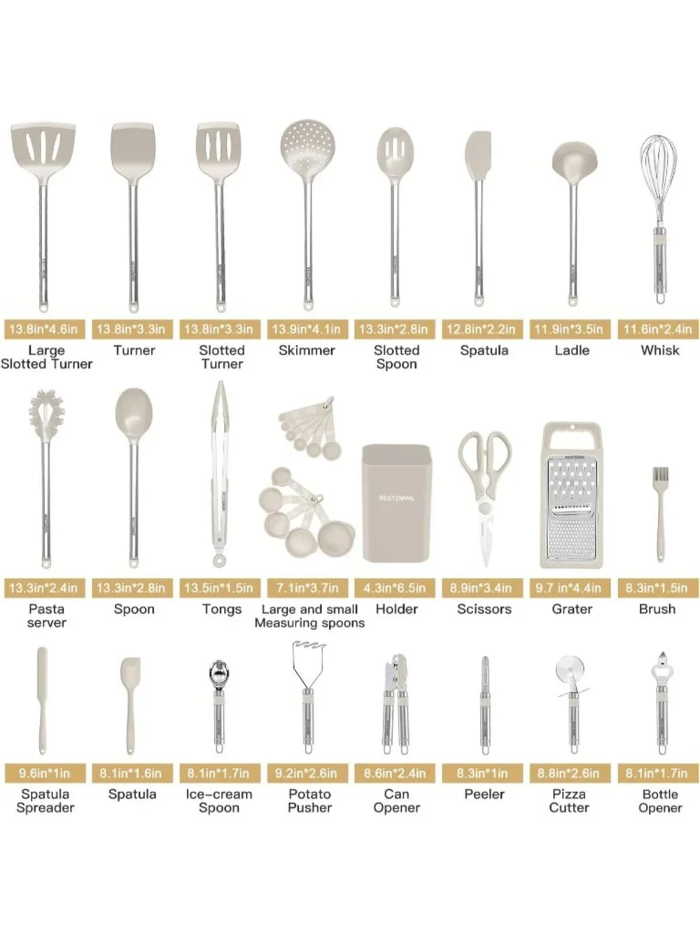 Kitchen Utensil Set-Silicone Cooking 33 Nonstick Kitchen Gadgets & Spoons Khaki